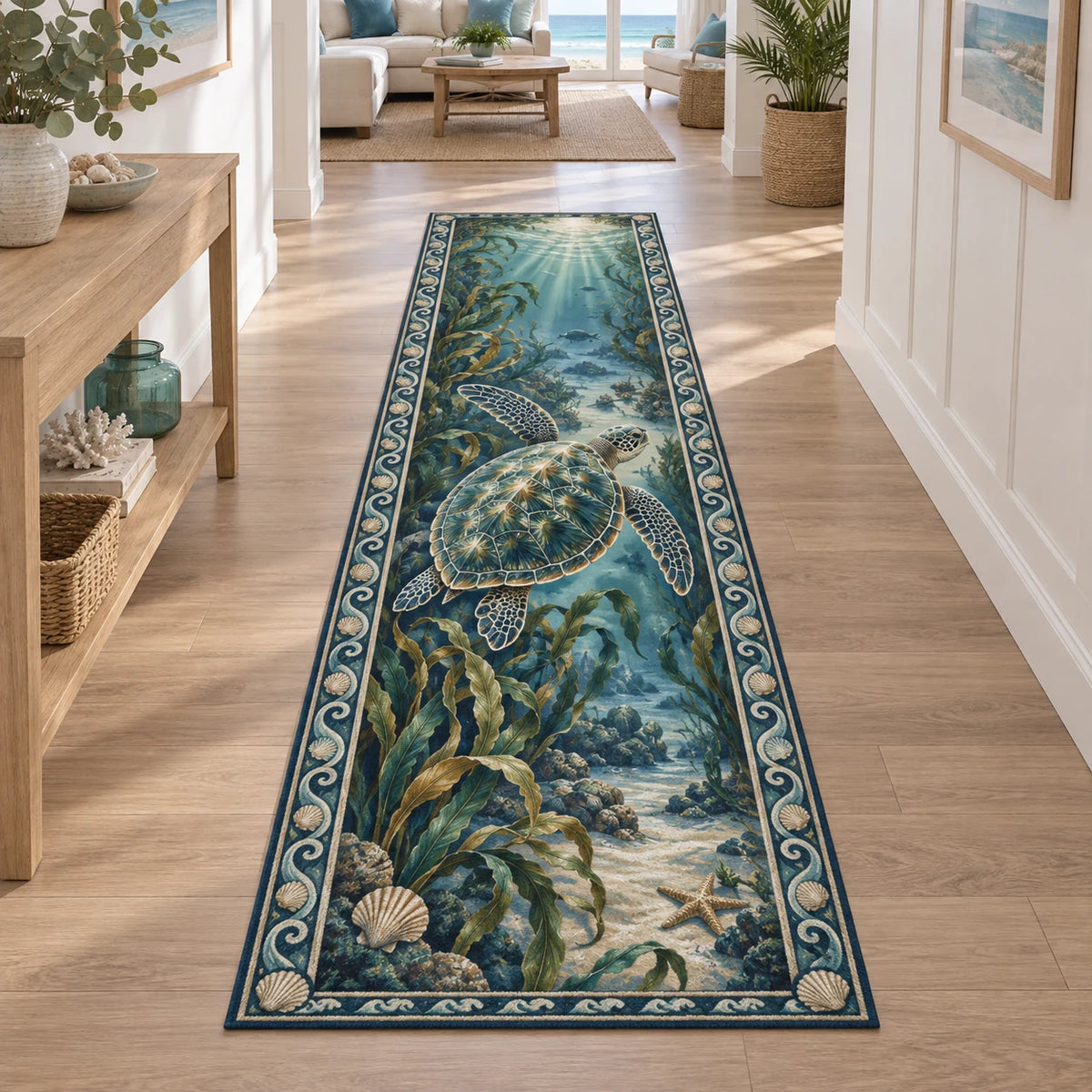 Sea Turtle Kelp Garden Runner Rug with dimensional printed artwork in a coordinated indoor setting