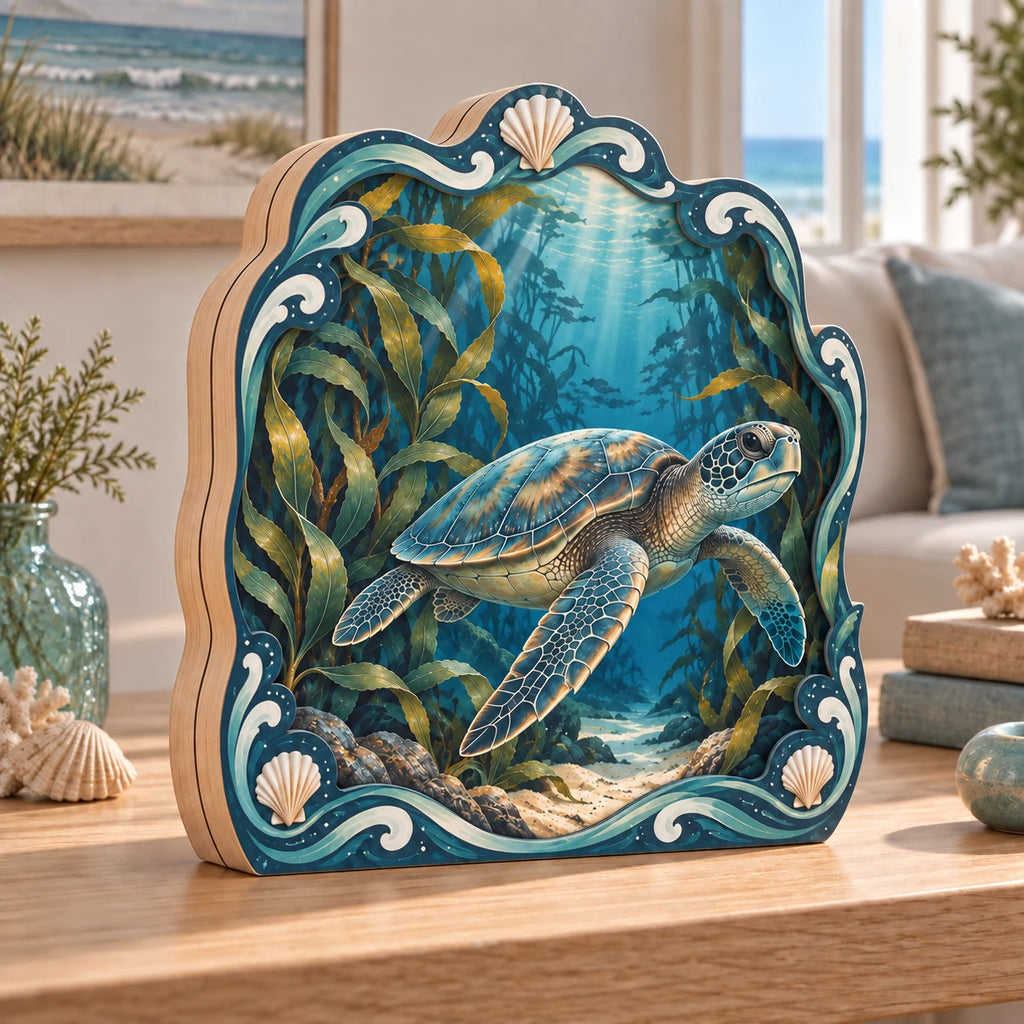 Sea Turtle Kelp Garden Wooden Block with dimensional printed artwork in a coordinated indoor setting