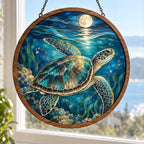 Sea Turtle Moonlit Ocean Wood & Acrylic Suncatcher with printed dimensional artwork