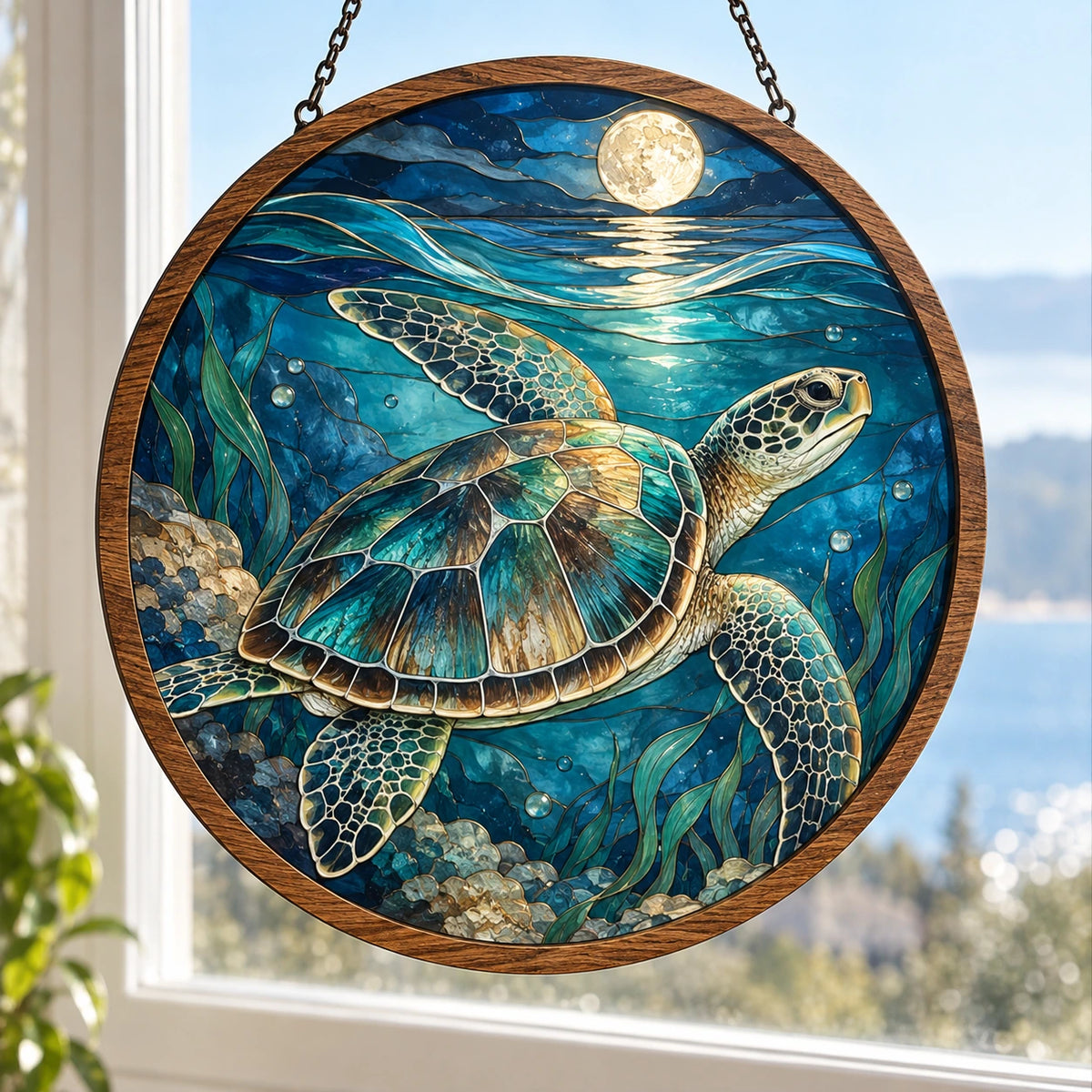 Sea Turtle Moonlit Ocean Wood & Acrylic Suncatcher with printed dimensional artwork