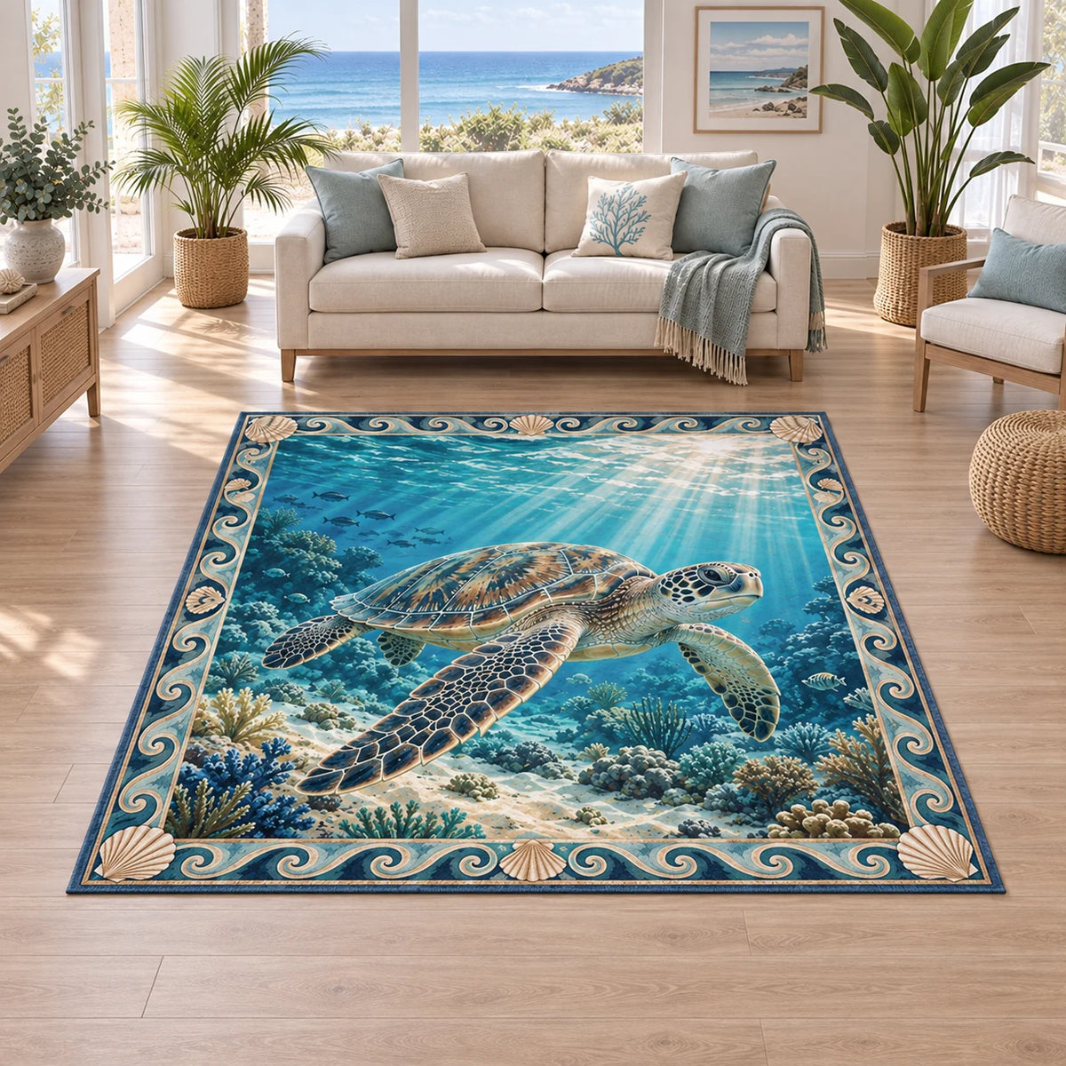 Sea Turtle Reef Sunbeams Area Rug with swimming turtle, coral reef, sunbeams and wave-shell border in a coastal room