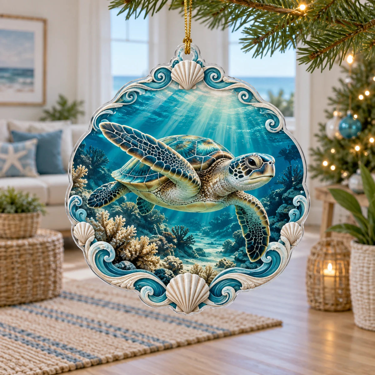 Sea Turtle Reef Sunbeams Christmas Ornament with swimming turtle, coral reef, sunbeams and wave-shell border in a coastal room