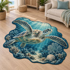Sea Turtle Reef Sunbeams Custom Shape Area Rug with sea turtle, coral, wave accents and sunbeams in a coastal room