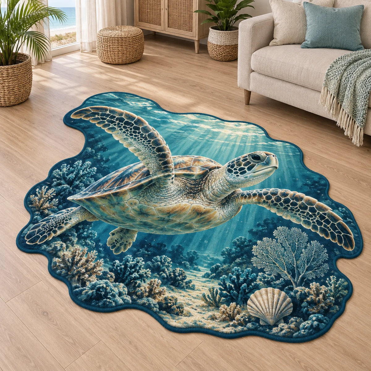 Sea Turtle Reef Sunbeams Custom Shape Area Rug with sea turtle, coral, wave accents and sunbeams in a coastal room