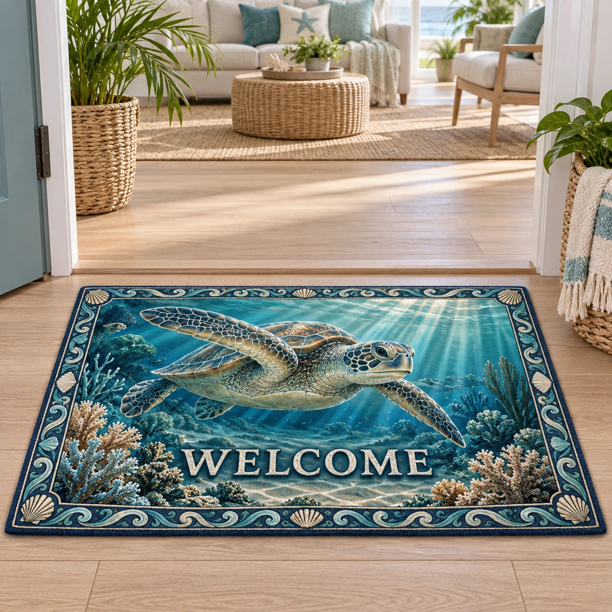Sea Turtle Reef Sunbeams Doormat with swimming turtle, coral reef, sunbeams and wave-shell border in a coastal room