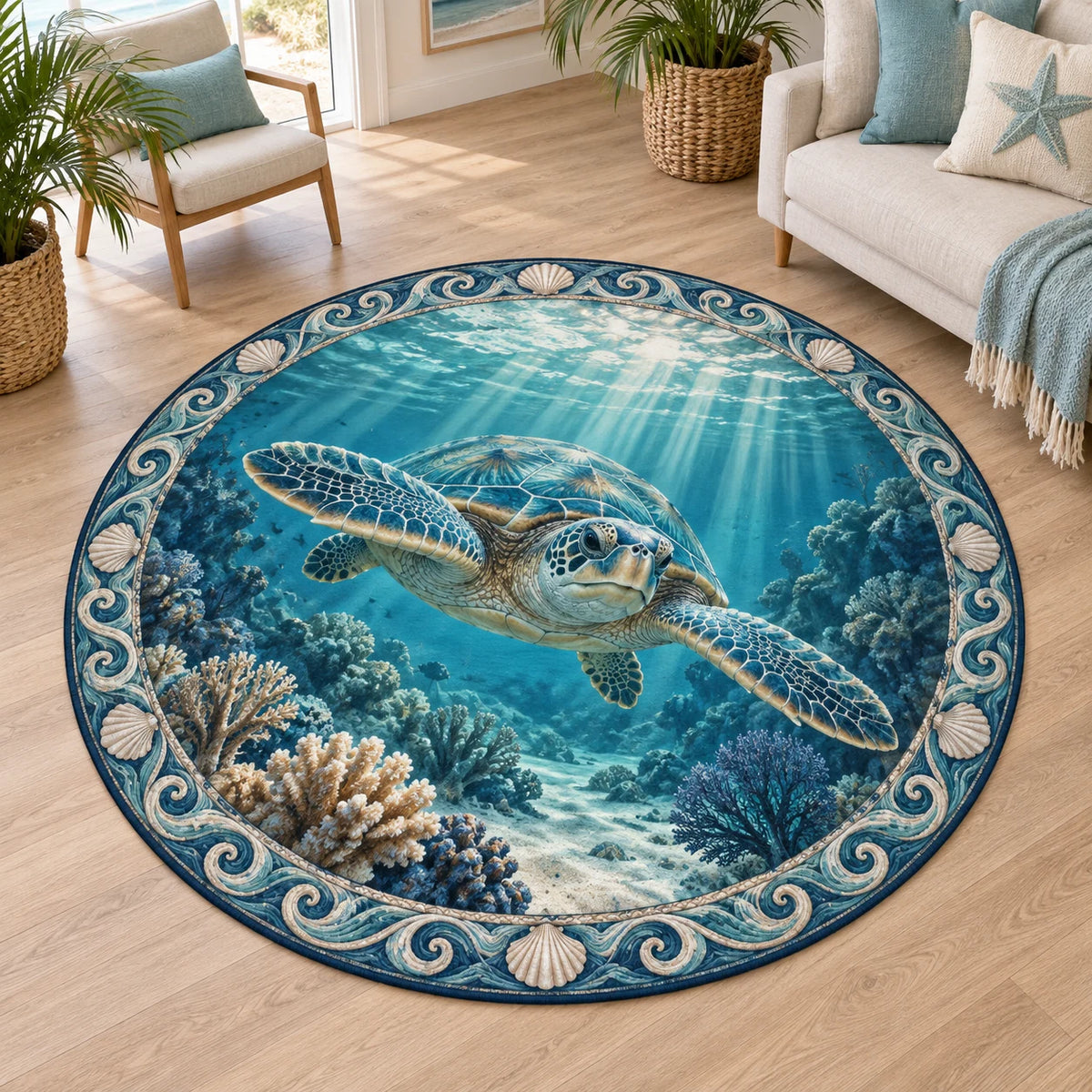 Sea Turtle Reef Sunbeams Round Mat Rug with swimming turtle, coral reef, sunbeams and wave-shell border in a coastal room