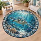Sea Turtle Reef Sunbeams Round Mat Rug with swimming turtle, coral reef, sunbeams and wave-shell border in a coastal room