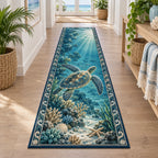 Sea Turtle Reef Sunbeams Runner Rug with swimming turtle, coral reef, sunbeams and wave-shell border in a coastal room
