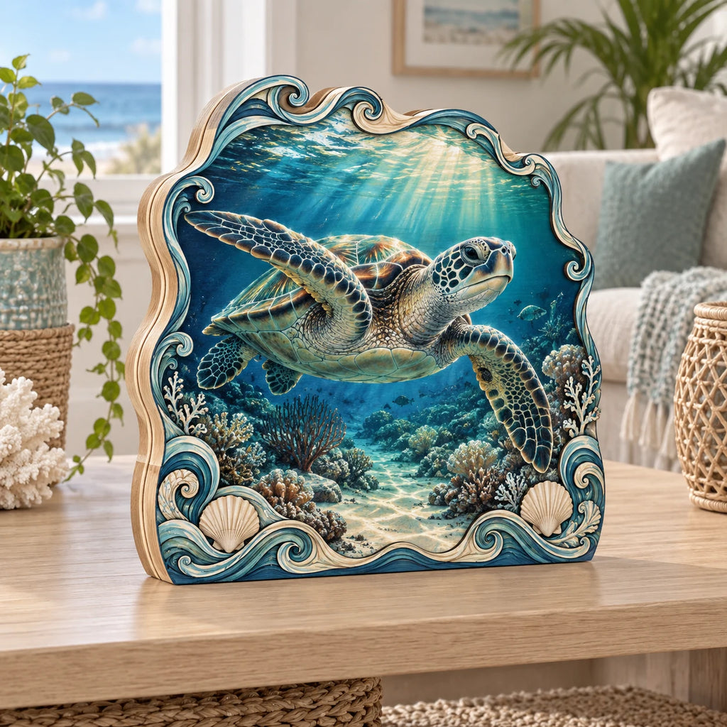 Sea Turtle Reef Sunbeams Wooden Block 3 Layer with sea turtle, coral, wave accents and sunbeams in a coastal room