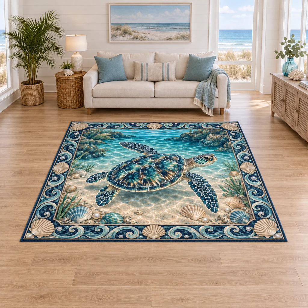 Area Rug featuring a sea turtle with four flippers, scallop shells, pearl illustrations and teal waves.