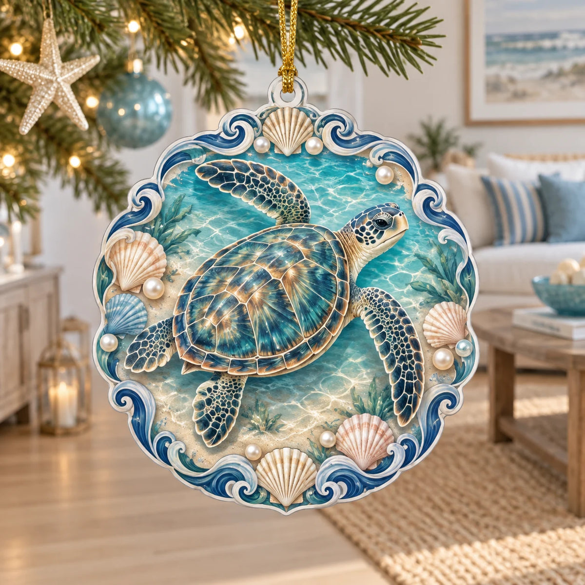 Christmas Ornament featuring a sea turtle with four flippers, scallop shells, pearl illustrations and teal waves.