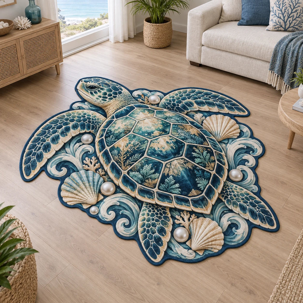 Custom Shape Area Rug featuring a sea turtle with four flippers, scallop shells, pearl illustrations and teal waves.