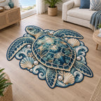 Custom Shape Area Rug featuring a sea turtle with four flippers, scallop shells, pearl illustrations and teal waves.
