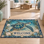 Doormat featuring a sea turtle with four flippers, scallop shells, pearl illustrations and teal waves with WELCOME lettering.
