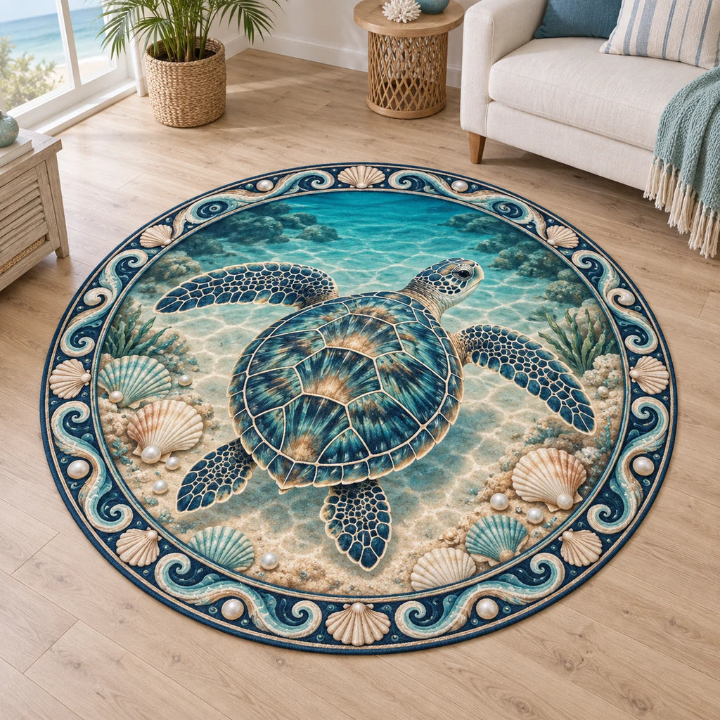 Round Mat Rug featuring a sea turtle with four flippers, scallop shells, pearl illustrations and teal waves.