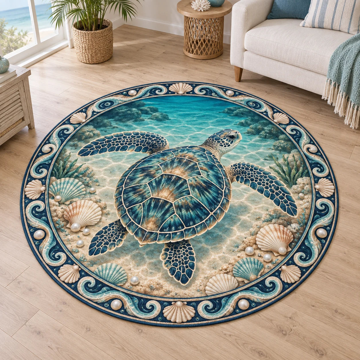 Round Mat Rug featuring a sea turtle with four flippers, scallop shells, pearl illustrations and teal waves.