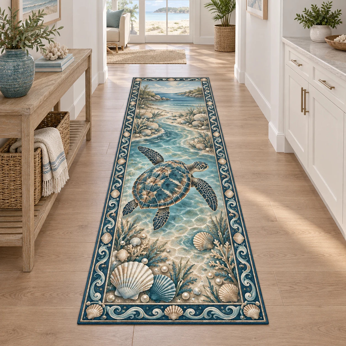 Runner Rug featuring a sea turtle with four flippers, scallop shells, pearl illustrations and teal waves.