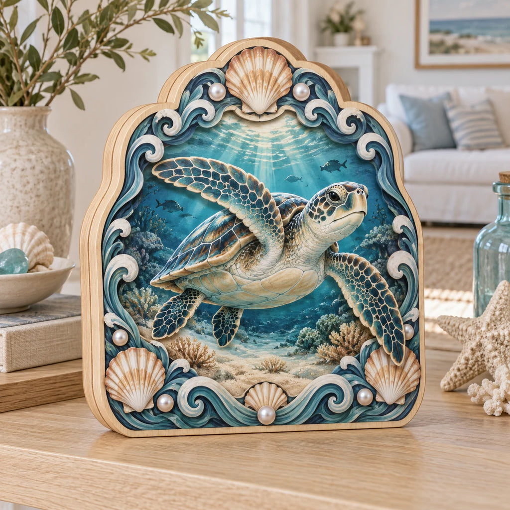 Three-layer wooden block showing a sea turtle with four flippers inside a wave and scallop-shell frame.