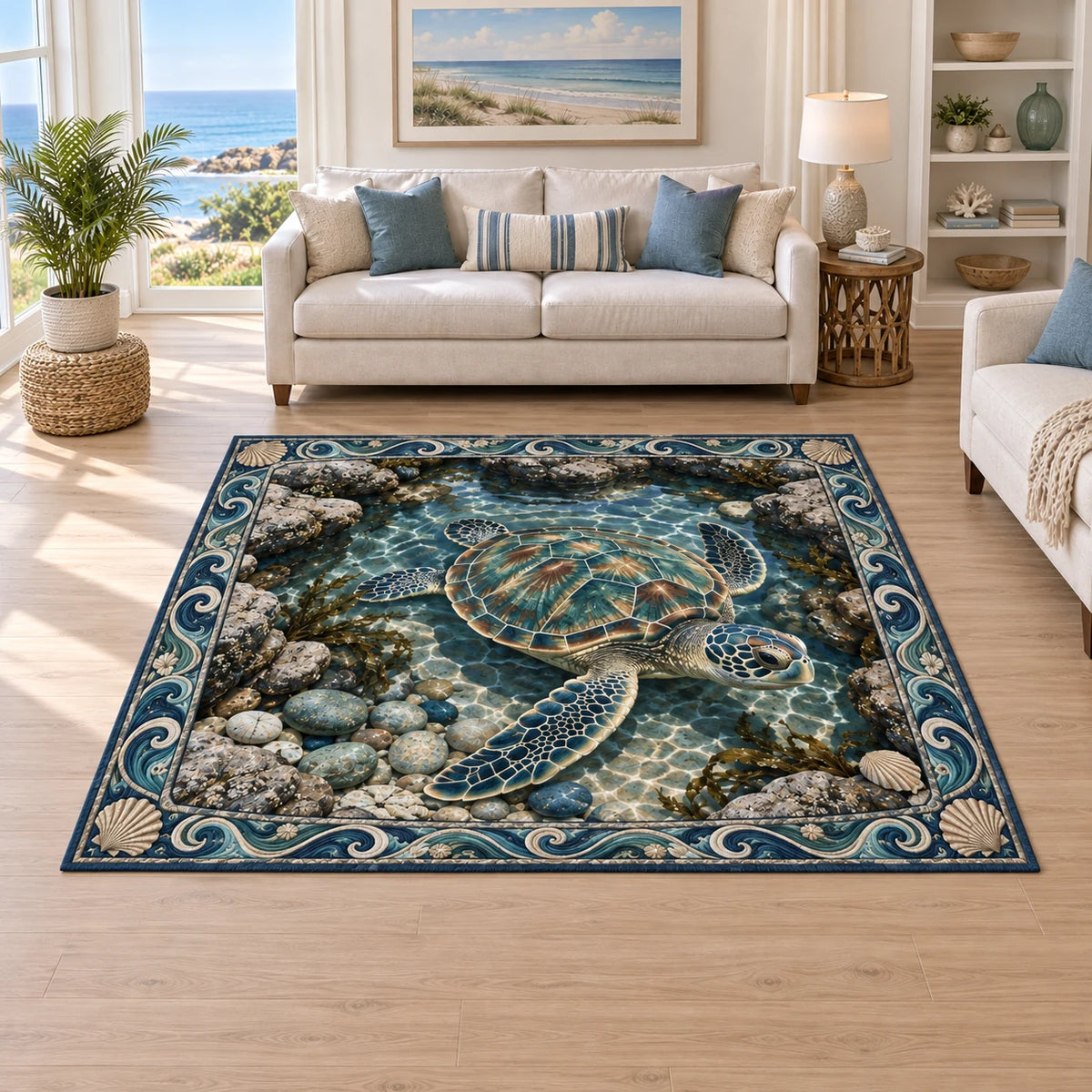 Sea Turtle Tidepool Window Area Rug with a four-flipper sea turtle above tidepool pebbles and a wave-and-shell border.