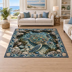Sea Turtle Tidepool Window Area Rug with a four-flipper sea turtle above tidepool pebbles and a wave-and-shell border.
