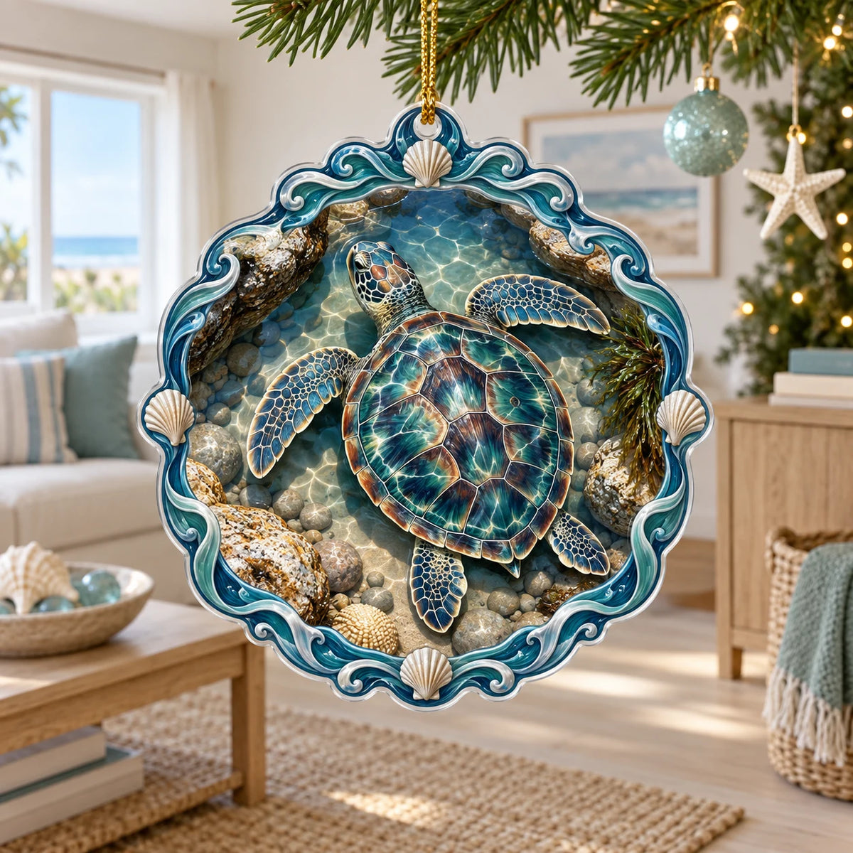 Sea Turtle Tidepool Window Christmas Ornament with a four-flipper sea turtle above tidepool pebbles and a wave-and-shell border.