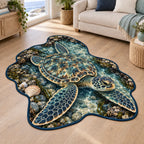 Sea Turtle Tidepool Window Custom Shape Area Rug featuring a sea turtle above tidepool pebbles with coastal shell details.