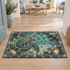 Sea Turtle Tidepool Window Doormat featuring a sea turtle above tidepool pebbles with coastal shell details.