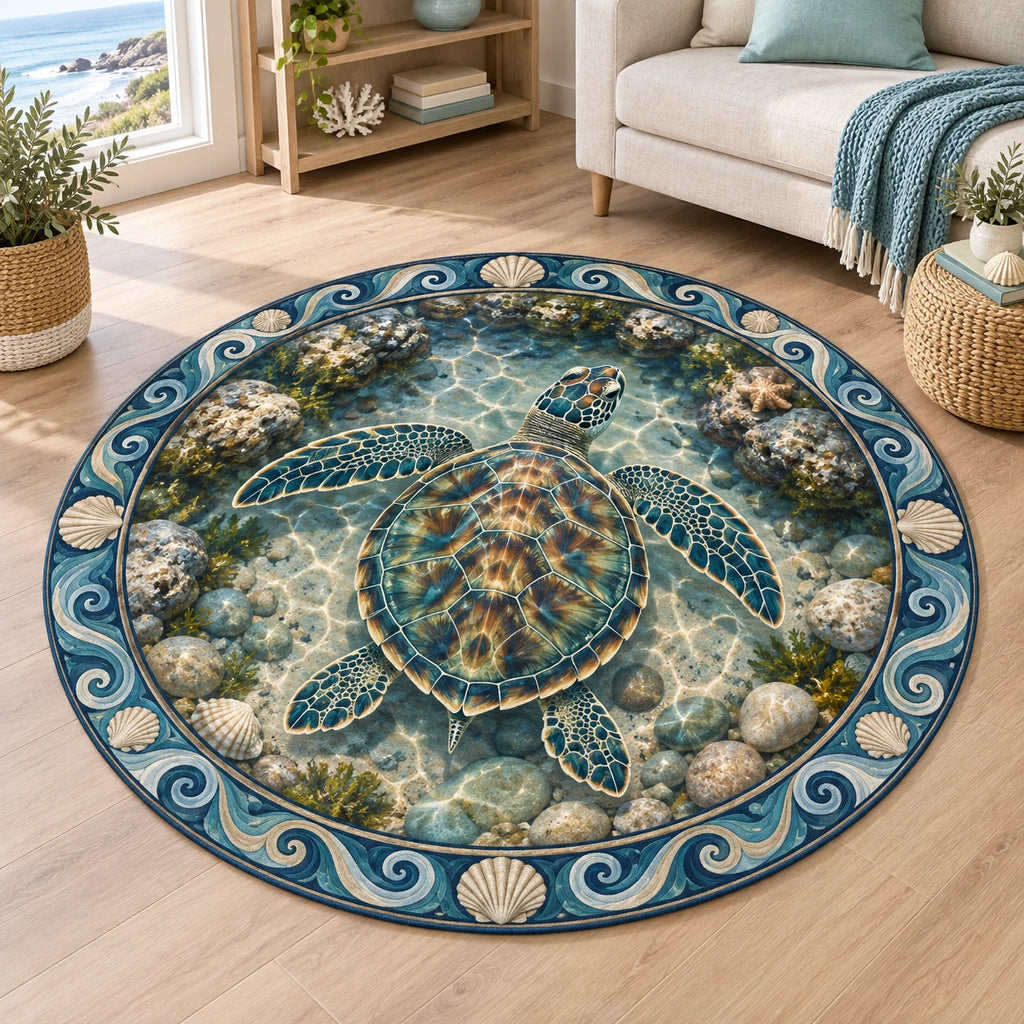 Sea Turtle Tidepool Window Round Mat Rug with a four-flipper sea turtle above tidepool pebbles and a wave-and-shell border.