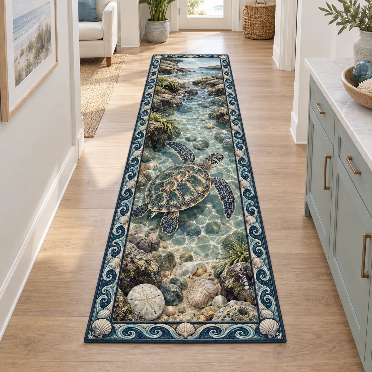 Sea Turtle Tidepool Window Runner Rug with a four-flipper sea turtle above tidepool pebbles and a wave-and-shell border.
