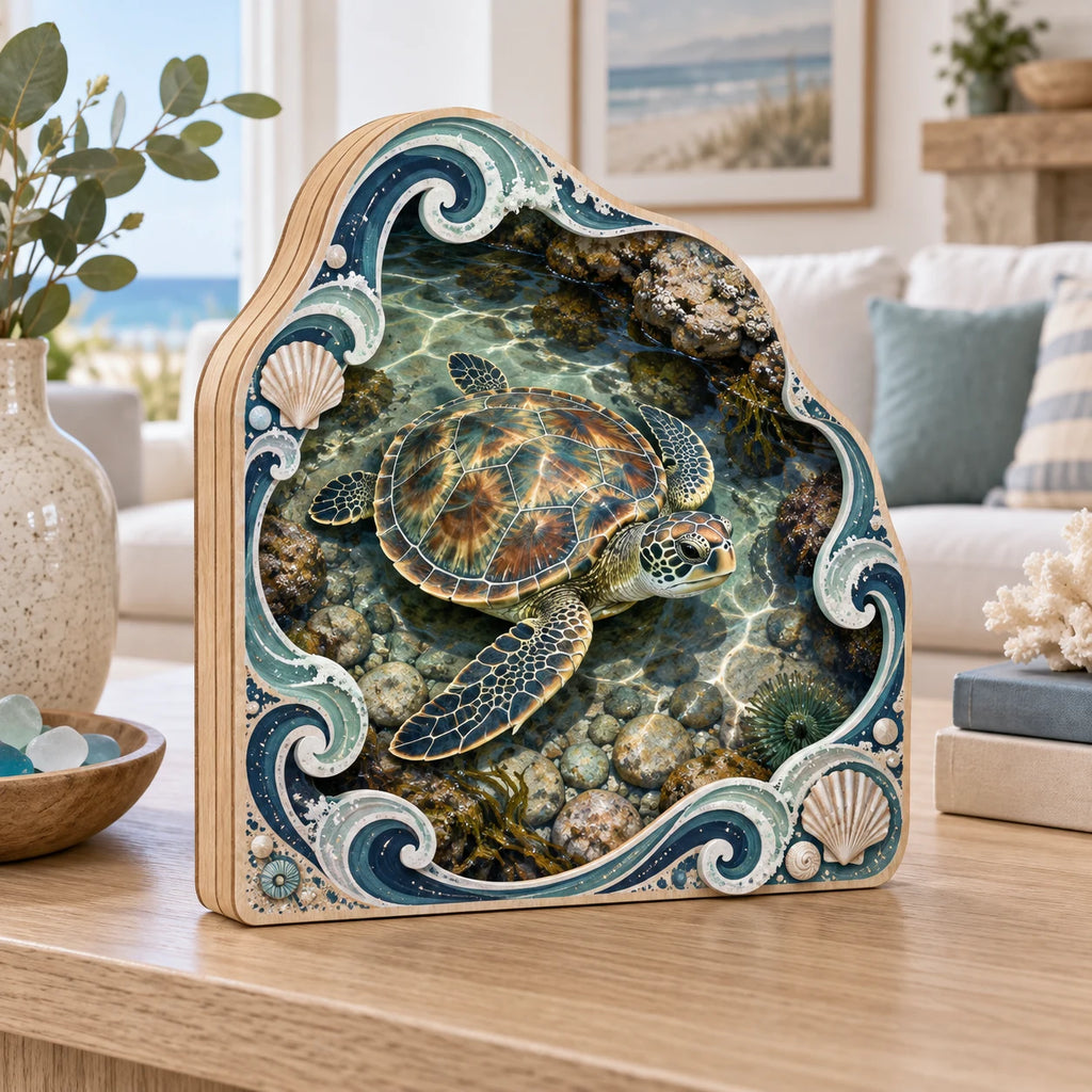 Sea Turtle Tidepool Window Wooden Block 3 Layer featuring a sea turtle above tidepool pebbles with coastal shell details.