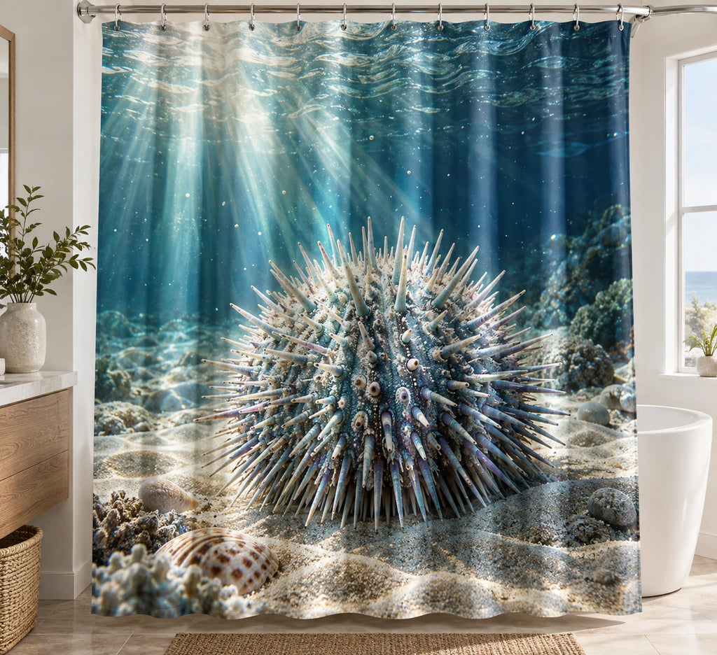 Sea Urchin Reef Sunbeams Shower Curtain with printed dimensional artwork