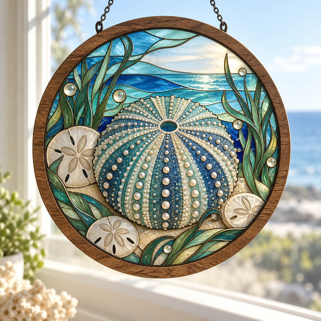 Sea Urchin Sand Dollar Garden Wood & Acrylic Suncatcher with printed dimensional artwork