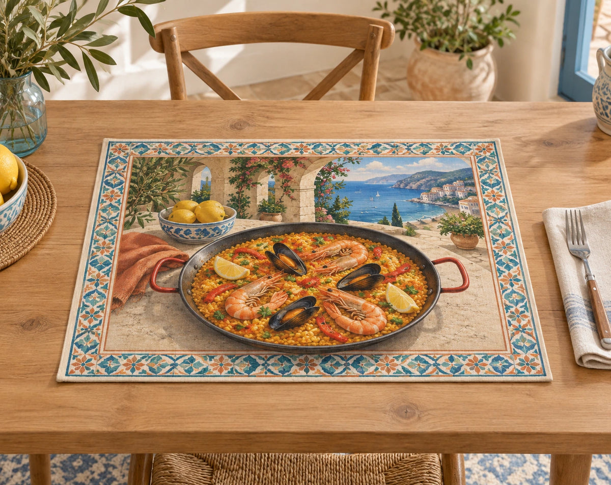 Seafood Paella Mediterranean Terrace Placemat with original printed optical 3D artwork
