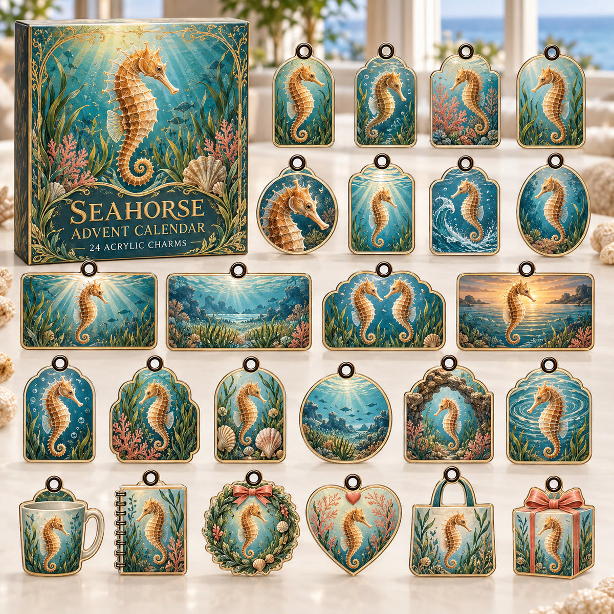Seahorse advent calendar box with 24 themed flat printed acrylic charms
