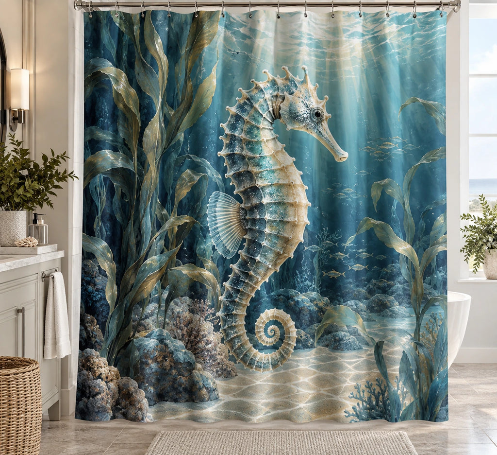 Seahorse Kelp Garden Shower Curtain with printed dimensional artwork