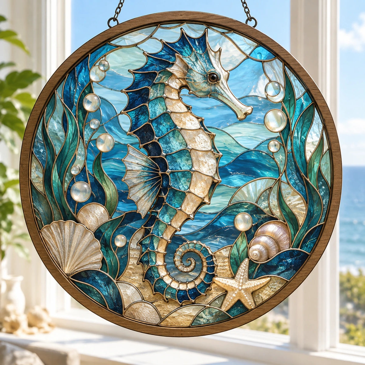 Seahorse Sea Glass Mosaic Wood & Acrylic Suncatcher with printed dimensional artwork