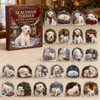 Sealyham Terrier advent calendar box and 24 illustrated acrylic charms displayed on an ivory tabletop in a winter setting