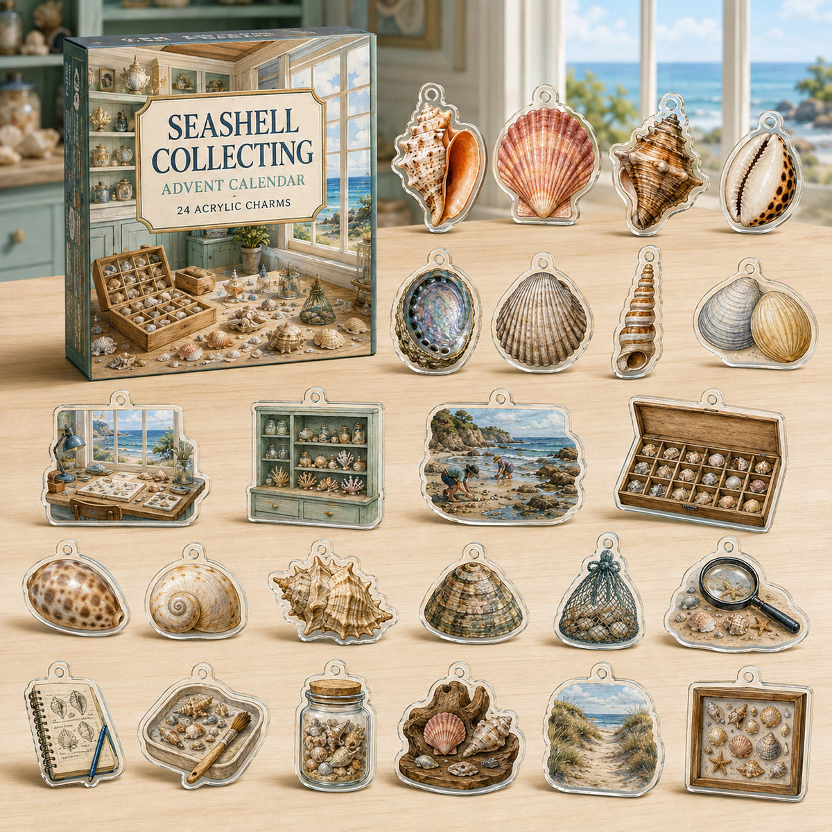Seashell Collecting advent calendar box and 24 printed acrylic charms