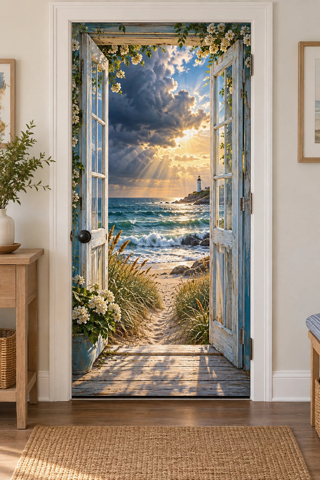 Seaside Window Storm Clearing Fabric Door Cover with printed dimensional artwork