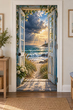 Seaside Window Storm Clearing Fabric Door Cover with printed dimensional artwork