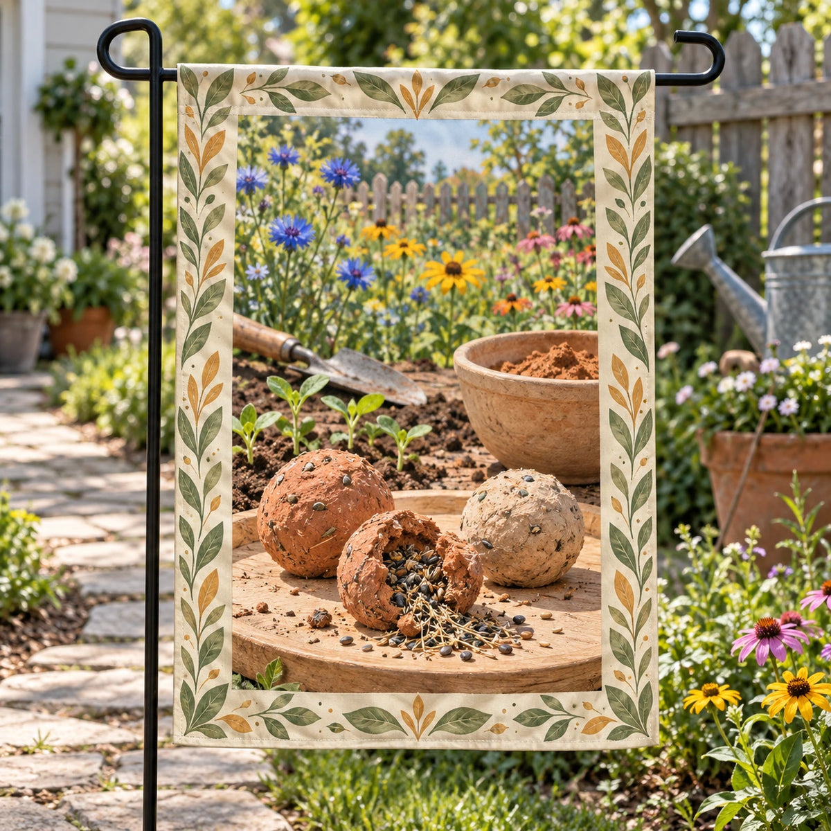 Seed Bomb Wildflower Garden Flag with original printed optical 3D artwork