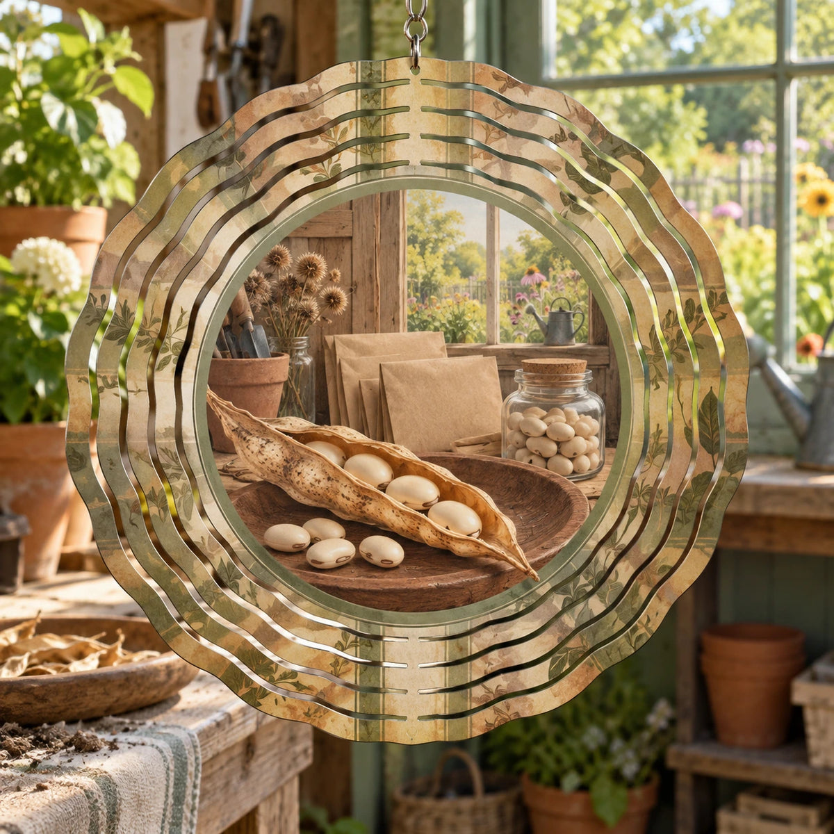 Seed Saving Potting Bench Wind Spinner with original printed optical 3D artwork
