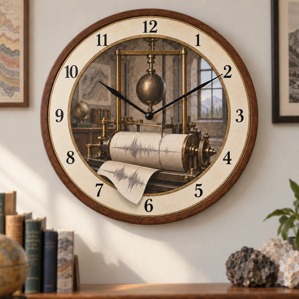 Seismology Observatory Wooden Wall Clock with original printed optical 3D artwork