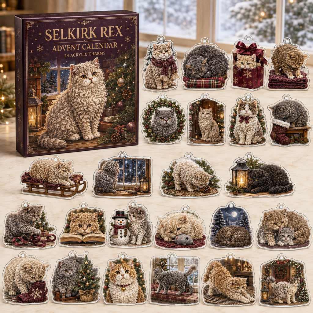 Selkirk Rex advent calendar box and 24 illustrated acrylic charms displayed on an ivory tabletop in a winter setting