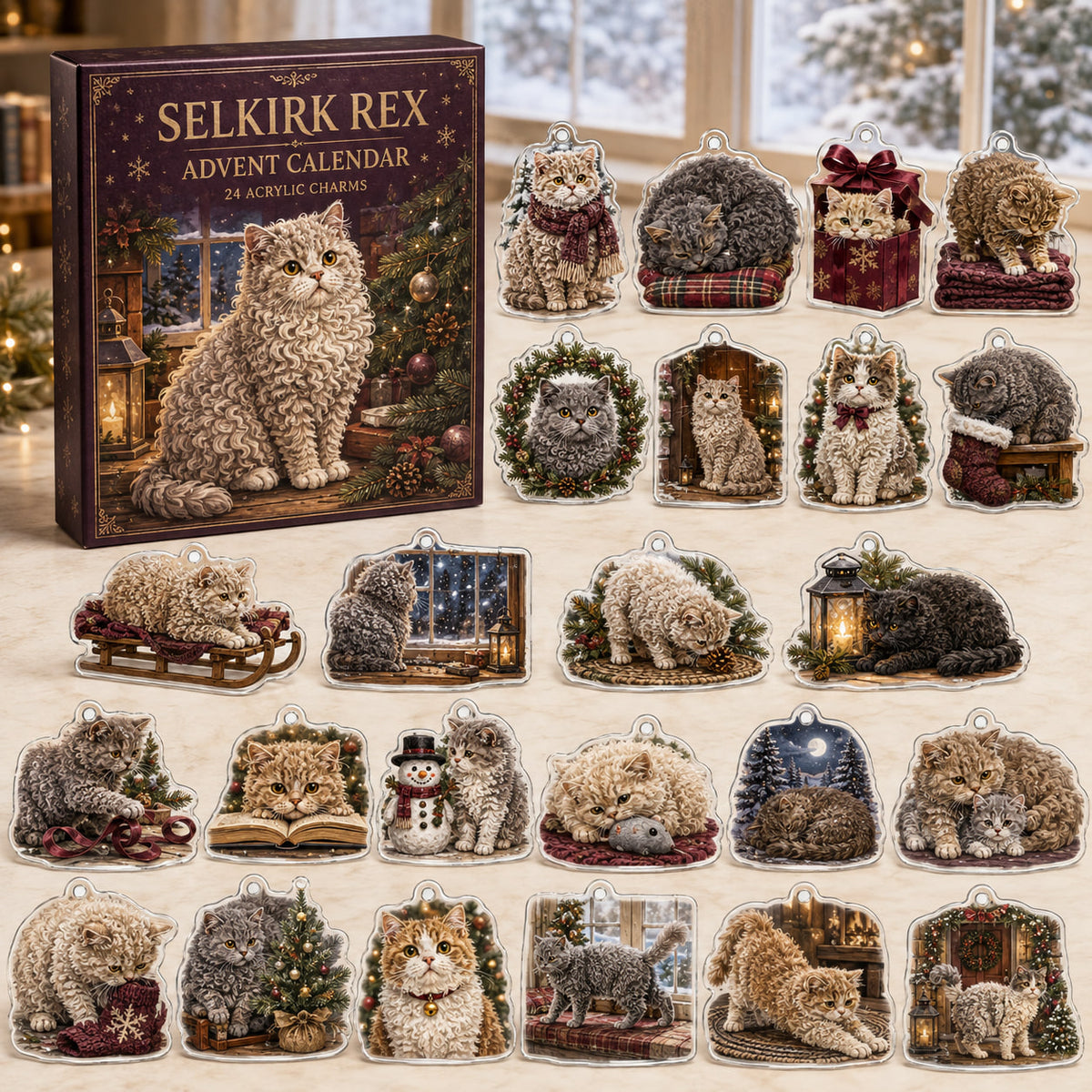 Selkirk Rex advent calendar box and 24 illustrated acrylic charms displayed on an ivory tabletop in a winter setting