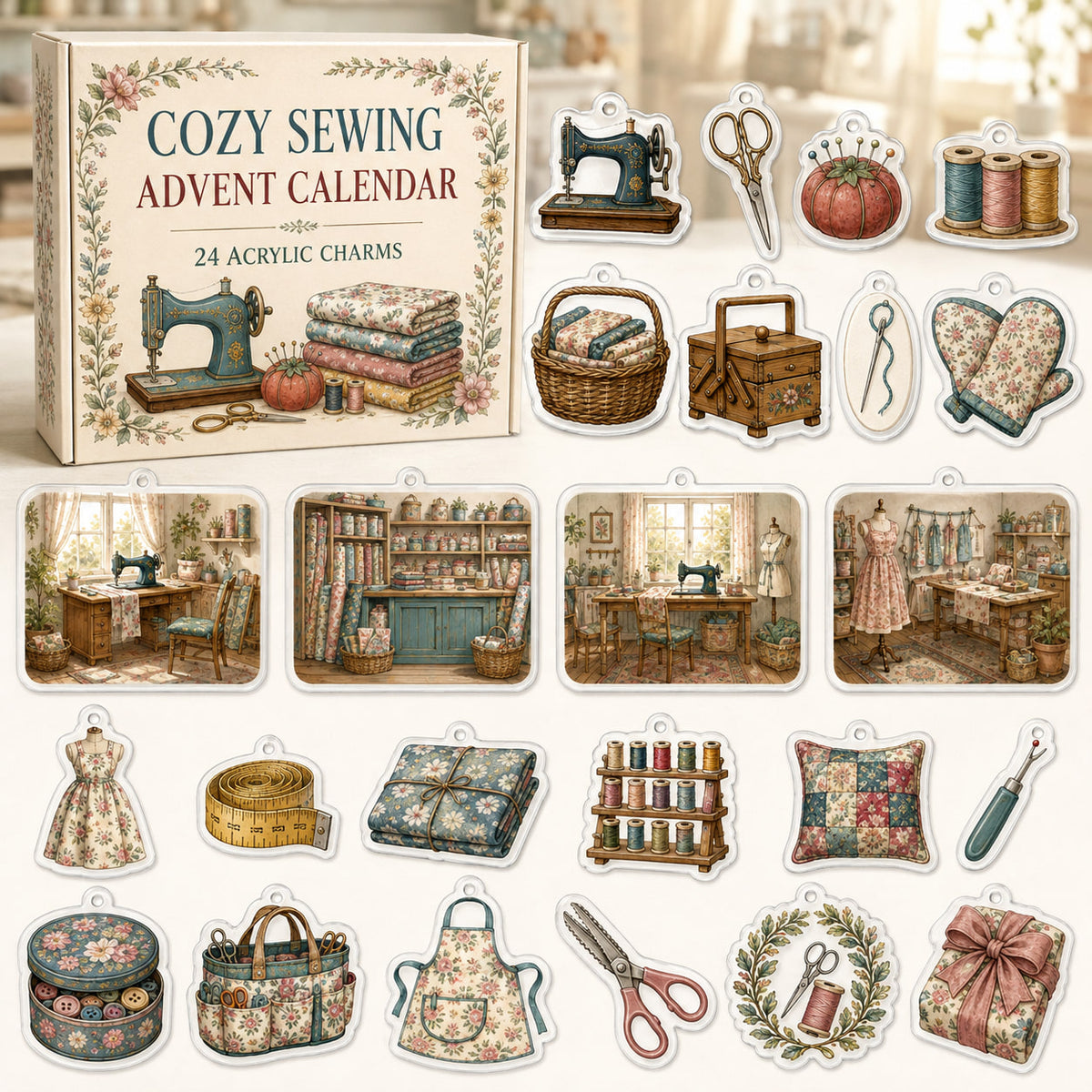 Sewing advent calendar box with 24 decorative printed acrylic craft charms