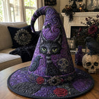 Shadow Cat Moon quilted witch hat, all-over print on cone and brim