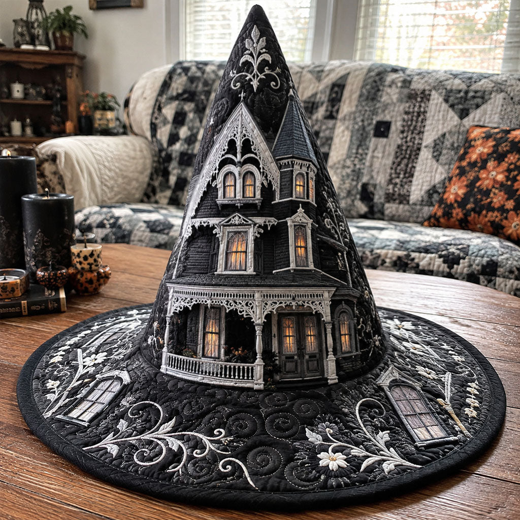 Shadowed Estate quilted witch hat, all-over print on cone and brim