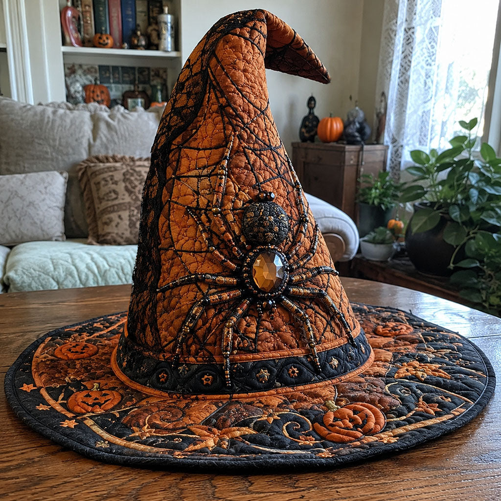 Shadows Of Salem quilted witch hat, all-over print on cone and brim