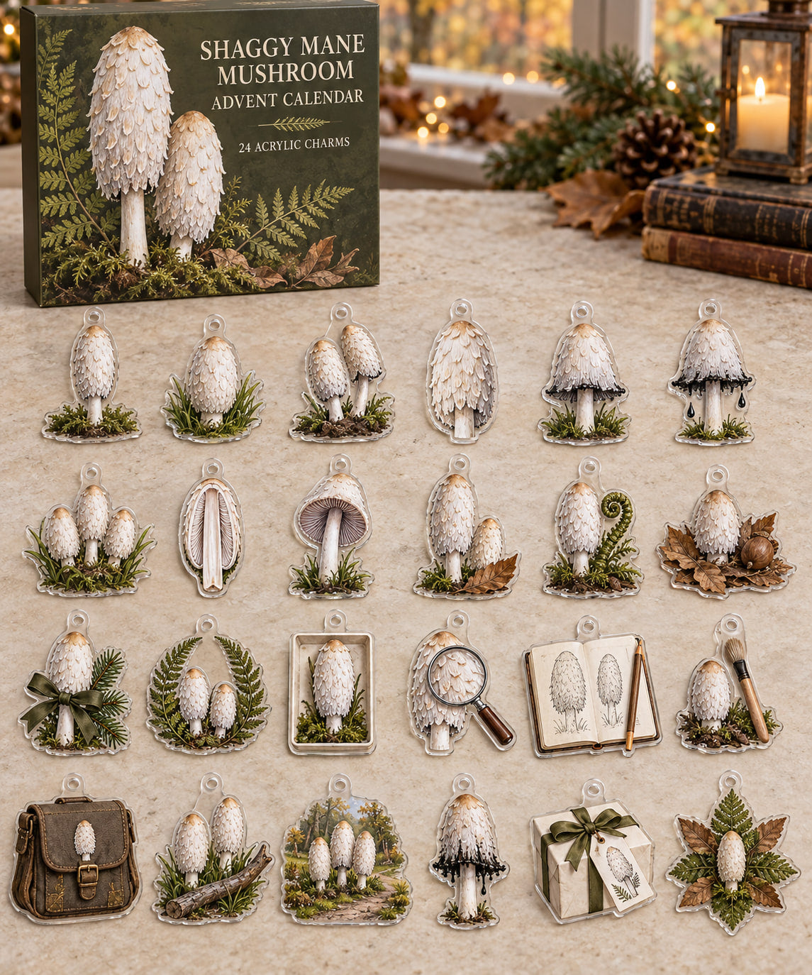 Shaggy Mane Mushroom advent calendar with 24 custom-shaped flat acrylic charms and printed dimensional artwork